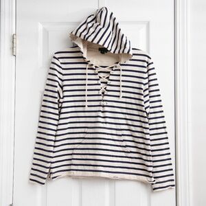 Polo Jeans Company Womans M Pull Over Navy Blue & White Stripe Hooded Drawstring